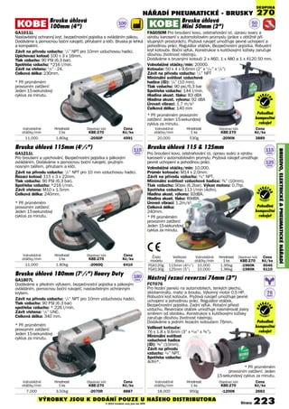 Bruska úhlová
100mm (4”)
GA1011L
Nastavitelný ochranný kryt, bezpečnostní pojistka s ovládáním pákou.
Dodáváme s pomocnou boční rukojetí, přírubami a klíči. Bruska je lehká
a kompaktní.
Závit na přívodu vzduchu: 1
/4” NPT pro 10mm vzduchovou hadici.
Upichovací kotouč 100 x 3 x 16mm,
Tlak vzduchu: 90 PSI (6.3 bar).
Spotřeba vzduchu: *216 l/min.
Závit na vřetenu: 3
/8” - 24.
Celková délka: 230mm.
* Při průměrném
provozním zatížení:
Jeden 15-sekundový
cyklus za minutu.
Strana 223
NÁŘADÍ PNEUmATIcKé - BRUSKY
BRUSIVO,ELEKTRIcKéAPNEUmATIcKéNÁøADÍ
Bruska úhlová 115mm (41
/2”)
GA1211L
Pro broušení a upichování. Bezpečnostní pojistka s pákovým
ovládáním. Dodáváme s pomocnou boční rukojetí, pružným
nosným talířem, přírubami a klíči.
Závit na přívodu vzduchu: 1
/4” NPT pro 10 mm vzduchovou hadici.
Řezací kotouč 115 x 3 x 22mm.
Tlak vzduchu: 90 PSI (6.3 bar).
Spotřeba vzduchu: *216 l/min.
Závit vřetena: M10 x 1.5mm
Celková délka: 240mm.
* Při průměrném
provozním zatížení:
Jeden 15-sekundový
cyklus za minutu.
Bruska úhlová 180mm (71
/2”) Heavy Duty
GA1807L
Dodáváme s předním výfukem, bezpečnostní pojistka s pákovým
ovládáním, pomocnou boční rukojetí, nastavitelným ochranným
krytem.
Závit na přívodu vzduchu: 1
/4” NPT pro 10mm vzduchovou hadici.
Tlak vzduchu: 90 PSI (6.3 bar)
spotřeba vzduchu: * 226 l/min.
Závit vřetena: 5
/8” UNC.
Celková délka: 340 mm.
* Při průměrném
provozním zatížení:
Jeden 15-sekundový
cyklus za minutu.
Volnoběžné Hmotnost Objednací kód Cena
otáčky/min 1 ks KBE-270 Kè/ks
7,000 3.50kg -2070R 8887
Volnoběžné Hmotnost Objednací kód Cena
otáčky/min 1 ks KBE-270 Kè/ks
11,000 1.80kg -2050P 4991
Volnoběžné Hmotnost Objednací kód Cena
otáčky/min 1 ks KBE-270 Kè/ks
11,000 1.80kg -2060Q 6410
Nástroj řezací reverzní 76mm (3”)
FCT076
Pro řezání panelů na automobilech, tenkých plechů,
sklolaminátů, matic a šroubů. Výkonný motor 0.5 HP.
Robustní kryt kotouče. Pryžová rukojeť umožňuje pevné
uchopení a pohodlnou práci. Regulátor otáček.
Bezpečnostní pojistka. Zadní výfuk. Rotační přívod
vzduchu. Reverzace otáček umožňuje nasměrovat jiskry
směrem od obrobku. Konstrukce s kuličkovými ložisky
zaručuje dlouhou životnost nástrojů.
Dodáváme s jedním řezacím kotoučem 76mm.
Velikost kotouče:
76 x 1.8 x 9.6mm (3” x 1/16” x 3/8”).
Minimální světlost
vzduchové hadice
(ID): 3/8” (10mm).
Závit na přívodu
vzduchu: 1/4” NPT.
Spotřeba vzduchu:
4cfm*.
Volnoběžné Hmotnost Objednací kód Cena
otáčky/min 1 ks KBE-270 Kè/ks
20,000 530g -2090K 3889
Volnoběžné Hmotnost Objednací kód Cena
otáčky/min 1 ks KBE-270 Kè/ks
18,000 950g -1200K 2683
Číslo Velikost Volnoběžné Hmotnost Objednací kód Cena
modelu disku otáčky/min 1 ks KBE-270 Kè/ks
FGA120g 115mm (41/2”) 10,000 1.95kg -1960K 6046
FGA130g 125mm (5”) 10,000 1.96kg -1980K 6110
SKUPINA
270
Bruska úhlová 115 & 125mm
Pro broušení kovů, odstraňování rzi, úpravu svárů a výrobu
karoserií v automobilovém průmylu. Pryžová rukojeť umožňuje
pevné uchopení a pohodlnou práci.
Volnoběžné otáčky/min: 10,000.
Průměr kotouče: M14 x 2.0mm.
Závit na přívodu vzduchu: 1/4” NPT.
Minimální světlost vzduchové hadice: 3/8” (10mm).
Tlak vzduchu: 90psi (6.2bar). Výkon motoru: 0.7hp.
Spotřeba vzduchu: 113 l/min (4cfm).
Hladina akust. výkonu: 92dBA.
Hladina akust. tlaku: 89dBA.
Úroveň vibrací: 1.2m/s2.
Celková délka:
240mm.
76mm
Bruska úhlová
Mini 50mm (2”)
FAG050M Pro broušení kovů, odstraňování rzi, úpravu svarů a
výrobu karoserií v automobilovém průmyslu (práce v obtížně pří-
stupných prostorách). Pryžová rukojeť umožňuje pevné uchopení a
pohodlnou práci. Regulátor otáček. Bezpečnostní pojistka. Robustní
kryt kotouče. Boční výfuk. Konstrukce s kuličkovými ložisky zaručuje
dlouhou životnost nástrojů.
Dodáváme s brusnými kotouči 2 x A60, 1 x A80 a 1 x A120 50 mm.
Volnoběžné otáčky/min: 20000.
Kotouče: 50 x 4 x 9.6mm (2” x 5
/32” x 3
/8”)
Závit na přívodu vzduchu: 1
/4” NPT
Minimální světlost vzduchové
hadice (ID): 3
/8” (10 mm).
Tlak vzduchu: 90 psi/6.3 bar
Spotřeba vzduchu: 144 l/min.
Hladina akust. tlaku: 83 dBA
Hladina akust. výkonu: 92 dBA
Úroveň vibrací: 1.7 m/s2
Celková délka: 140 mm
* Při průměrném provozním
zatížení: Jeden 15-sekundový
cyklus za minutu.
50
mm
115
mm
125
mm
* Při průměrném
provozním zatížení:
Jeden 15-sekundový
cyklus za minutu.
Operator
Friendly
Composite
Handle Grip
Pohodlná
kompozitní
rukojeť
OP
ERAT
OR
FR I E N D L Y
Operator
Friendly
Composite
Handle Grip
Pohodlná
kompozitní
rukojeť
OP
ERAT
OR
FR I E N D L Y
100
mm
115
mm
* Při průměrném
provozním zatížení: Jeden
15-sekundový cyklus za minutu.
Operator
Friendly
Composite
Handle Grip
Pohodlná
kompozitní
rukojeť
OP
ERAT
OR
FR I E N D L Y
180
mm
VÝROBKY JSOU K DODÁNÍ POUZE U NAŠEHO DISTRIBUTORA
© 2014 Uvedené ceny jsou bez DPH
 