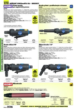 NÁŘADÍ PNEUmATIc Ké - BRUSKY
BRUSIVO,ElEKTRIcKéAPNEUmATIcKéNÁøADÍ
Volnoběžné Hmotnost Objednací kód Cena
otáčky/min 1 ks KBE-270 Kè/ks
25,000 0.68kg -4140K 3909
Bruska přímá s prodlouženým vřetenem
B3555
Používá se pro broušení, leštění a odhrotování. Prodloužené
vřeteno umožňuje práci v hlubokých a úzkých prostorech.
Oboustranně kalené ocelové kleštiny 1
/4”. Planetová převodovka
navržená pro delší životnost a hladší chod. Nízký profil ovládání
spouště pro přesnou regulaci otáček. Otočný přívod vzduchu
zamezující zamotání hadice.
Kleštiny:1
/4” (6mm), 1
/8” (3mm).
Volnoběžné otáčky/min: 25.000.
Tlak vzduchu: 6.2bar (90psi).
Spotřeba vzduchu: 4cfm * (113l/min).
Závit na přívodu vzduchu: 1
/4” NPT.
Minimální světlost vzduchové hadice (ID): 10mm (3
/8”).
Celková délka: 260mm.
Volnoběžné Hmotnost Objednací kód Cena
otáčky/min 1 ks KBE-270 Kè/ks
25,000 0.60kg -4090K 3572
Volnoběžné Hmotnost Objednací kód Cena
otáčky/min 1 ks KBE-270 Kè/ks
20,000 0.50kg -4080K 3804
Volnoběžné Hmotnost Objednací kód Cena
otáčky/min 1 ks KBE-270 Kè/ks
20,000 0.55kg -4110K 3993
Volnoběžné Hmotnost Objednací kód Cena
otáčky/min 1 ks KBE-270 Kè/ks
56,000 210g -2543K 4891
Mikrobruska
GM5603
Pro přesné broušení apod. S hadicí a tlumičem hluku.
Průměr kleštiny: 3mm. Závit na přívodu vzduchu: 1
/4” NPT pro 5mm vzduchovou hadici.
Tlak vzduchu: 90 PSI (6.3 bar). Spotřeba vzduchu: *252 l/min. Celková délka: 156mm.
* Při průměrném provozním zatížení:
Jeden 15-sekundový cyklus za minutu.
Průměr Objednací kód Cena
kleštiny KBE-280 Kè/ks
1/8” -0088A 378
3mm -0091A 205
3/32” -0094A 299
Matice kleštiny -0097A 40
SKUPINA
270
* Při průměrném provozním zatížení:
Jeden 15-sekundový cyklus za minutu.
* Při průměrném provozním zatížení:
Jeden 15-sekundový cyklus za minutu.
Přímá bruska
pro nepřetržitý provoz
B3456
Oboustranně kalené ocelové kleštiny 1
/4”. Krátké tělo umožňuje přístup
do těžko přístupných oblastí. Planetová převodovka prodlužuje životnost
a umožňuje hladší chod. Nízký profil ovládání spouště pro přesnou
regulaci otáček. Otočný přívod vzduchu zamezující zamotání hadice.
Kleštiny: 1
/4” (6mm), 1
/8” (3mm).
Volnoběžné otáčky/min: 25.000.
Tlak vzduchu: 6.2bar (90psi).
Spotřeba vzduchu: 4cfm * (113l/min).
Závit na přívodu vzduchu: 1
/4” NPT.
Minimální světlost vzduchové hadice (ID): 10mm (3
/8”).
Celková délka: 160mm.
Bruska úhlová 90o
B3144
Krátká délka těla umožňuje přístup do těžko přístupných oblastí.
Planetová převodovka navržená pro delší životnost a hladší chod.
Nízký profil ovládání spouště pro přesnou regulaci otáček.
Otočný přívod vzduchu zamezující zamotání hadice.
Kleštiny: 1
/4” (6mm), 1
/8” (3mm)
Volnoběžné otáčky/min: 20.000.
Tlak vzduchu: 6.2bar (90psi).
Spotřeba vzduchu: 4cfm * (113l/min).
Závit na přívodu vzduchu: 1
/4” NPT.
Minimální světlost vzduchové hadice (ID): 10 mm (3
/8”).
Celková délka: 165mm.
* Při průměrném provozním zatížení:
Jeden 15-sekundový cyklus za minutu.
Úhlová bruska 115o
B3244
Oboustranně kalené ocelové kleštiny 1
/4”. Krátké tělo umožňuje přístup
do těžko přístupných oblastí. Planetová převodovka navržená pro delší
životnost a hladší chod. Nízký profil ovládání spouště pro přesnou regulaci
otáček. Otočný přívod vzduchu zamezující zamotání hadice.
Kleštiny: 1
/4” (6mm), 1
/8” (3mm).
Volnoběžné otáčky/min: 20.000.
Tlak vzduchu: 6.2bar (90psi).
Spotřeba vzduchu: 4cfm * (113l/min).
Závit na přívodu vzduchu: 1
/4” NPT.
Minimální světlost vzduchové hadice (ID): 10 mm 3
/8”).
Celková délka: 200mm.
Matice
klešť.
* Při průměrném provozním zatížení:
Jeden 15-sekundový cyklus za minutu.
Matice
klešť.
Matice klešť.
Navrženo
pro
nepřetržitý
provoz
Navrženo
pro
nepřetržitý
provoz
Navrženo
pro
nepřetržitý
provoz
Navrženo
pro
nepřetržitý
provoz
Náhradní kleštiny
Pro mikrobrusky Kobe a podobné.
Strana 226 VÝROBKY JSOU K DODÁNÍ POUZE U NAŠEHO DISTRIBUTORA
© 2014 Uvedené ceny jsou bez DPH
PRO NEPŘETRŽITÝ
PROVOZ
PRO NEPŘETRŽITÝ
PROVOZ
PRO NEPŘETRŽITÝ
PROVOZ
PRO NEPŘETRŽITÝ
PROVOZ
 