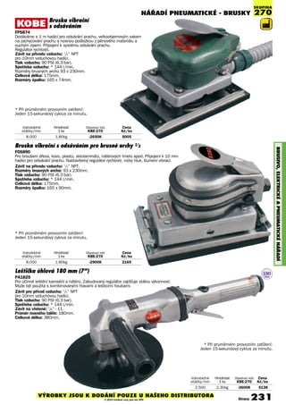 NÁŘADÍ PNEUmATIcKé - BRUSKY
BRUSIVO,ElEKTRIcKéAPNEUmATIcKéNÁøADÍ
SKUPINA
270
180
mm
Leštička úhlová 180 mm (7”)
PA1825
Pro účinné leštění karosérií a nátěrů. Zabudovaný regulátor zajišťuje stálou výkonnost.
Může být použita s kombinovanými hlavami a lešticími houbami.
Závit pro přívod vzduchu: 1
/4” NPT
pro 10mm vzduchovou hadici.
Tlak vzduchu: 90 PSI (6.3 bar),
Spotřeba vzduchu: * 144 l/min.
Závit na vřeteně: 5
/8” - 11.
Průměr nosného talíře: 180mm.
Celková délka: 380mm.
Bruska vibrační
s odsáváním
FPS874
Dodáváme s 1 m hadicí pro odsávání prachu, velkoobjemovým vakem
na zachycování prachu a nosnou podložkou z pěnového materiálu a
suchým zipem. Připojení k systému odsávání prachu.
Regulátor rychlosti.
Závit na přívodu vzduchu: 1
/4” NPT
pro 10mm vzduchovou hadici,
Tlak vzduchu: 90 PSI (6.3 bar).
Spotřeba vzduchu: * 144 l/min.
Rozměry brusných archů 93 x 230mm.
Celková délka: 175mm.
Rozměry špalku: 165 x 74mm.
Bruska vibrační s odsáváním pro brusné archy 1/3
FOS890
Pro broušení dřeva, kovů, plastů, sklolaminátů, nátěrových tmelů apod. Připojení k 10 mm
hadici pro odsávání prachu. Nastavitelný regulátor rychlosti, nízký hluk, tlumení vibrací.
Závit na přívodu vzduchu: 1
/4” NPT.
Rozměry brusných archů: 93 x 230mm.
Tlak vzduchu: 90 PSI (6.3 bar).
Spotřeba vzduchu: * 144 l/min.
Celková délka: 175mm.
Rozměry špalku: 165 x 90mm.
* Při průměrném provozním zatížení:
Jeden 15-sekundový cyklus za minutu.
* Při průměrném provozním zatížení:
Jeden 15-sekundový cyklus za minutu.
Volnoběžné Hmotnost Objednací kód Cena
otáčky/min 1 ks KBE-270 Kè/ks
8,000 1.80kg -2900K 2169
Volnoběžné Hmotnost Objednací kód Cena
otáčky/min 1 ks KBE-270 Kè/ks
8,000 1.80kg -2650K 5005
* Při průměrném provozním zatížení:
Jeden 15-sekundový cyklus za minutu.
Volnoběžné Hmotnost Objednací kód Cena
otáčky/min 1 ks KBE-270 Kè/ks
2,500 2.30kg -3600K 5138
Strana 231VÝROBKY JSOU K DODÁNÍ POUZE U NAŠEHO DISTRIBUTORA
© 2014 Uvedené ceny jsou bez DPH
 