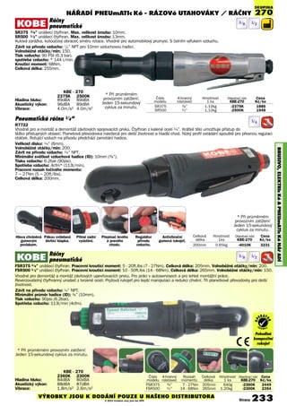 NÁŘADÍ PNEUmATIc Ké - RÁZOVé UTAHOVÁKY / RÁČNY
BRUSIVO,ELEKTRIcKéAPNEUmATIcKéNÁøADÍ
SKUPINA
270
Ráčny
pneumatické
FSR375 3/8” unášecí čtyřhran. Pracovní kroutící moment: 5 - 20ft.lbs (7 - 27Nm). Celková délka: 205mm. Volnoběžné otáčky/min: 200.
FSR500 1/2” unášecí čtyřhran. Pracovní kroutící moment: 10 - 50ft.lbs (14 - 68Nm). Celková délka: 265mm. Volnoběžné otáčky/min: 150.
Vhodné pro demontáž a montáž závitových upevňovacích prvků. Pro práci v autoservisech a pro lehké montážní práce.
Reverzovatelný čtyřhranný unašeč z tvrzené oceli. Pryžová rukojeť pro lepší manipulaci a redukci chvění. Tři planetkové převodovky pro delší
životnost.
Závit na přívodu vzduchu: 1/4” NPT.
Minimální průměr hadice (ID): 3/8” (10mm).
Tlak vzduchu: 90psi (6.2bar).
Spotřeba vzduchu: 113l/min (4cfm).
Ráčny
pneumatické
SR375 3/8” unášecí čtyřhran. Max. velikost šroubu: 10mm.
SR500 1/2” unášecí čtyřhran. Max. velikost šroubu: 13mm.
Kulová zarážka, kotoučový obraceč směru rotace. Vhodné pro automobilový průmysl. S čelním výfukem vzduchu.
Závit na přívodu vzduchu: 1
/4” NPT pro 10mm vzduchovou hadici.
Volnoběžné otáčky/min: 150.
Tlak vzduchu: 90 PSI (6.3 bar).
spotřeba vzduchu: * 144 l/min.
Krouticí moment: 68Nm.
Celková délka: 255mm.
* Při průměrném
provozním zatížení:
Jeden 15-sekundový
cyklus za minutu.
Číslo 4-hranný Hmotnost Objednací kód Cena
modelu nástavec 1 ks KBE-270 Kè/ks
SR375 3/8” 1.10kg -2375K 1886
SR500 1/2” 1.10kg -2500K 1948
Pneumatická ráčna 1/4”
R7722
Vhodné pro a montáž a demontáž závitových spojovacích prvků. Čtyřhran z kalené oceli 1/4”. Krátké tělo umožňuje přístup do
těžko přístupných oblastí. Planetová převodovka navržená pro delší životnost a hladší chod. Nízký profil ovládání spouště pro přesnou regulaci
otáček. Rotující vzduch na přívodu předchází zamotání hadice.
Velikost disku: 1/4” (6mm).
Volnoběžné otáčky/min: 200.
Závit na přívodu vzduchu: 1/4” NPT.
Minimální světlost vzduchové hadice (ID): 10mm (3/8”).
Tlaku vzduchu: 6.2bar (90psi).
Spotřeba vzduchu: 4cfm* (113l/min).
Pracovní rozsah točivého momentu:
7 ~ 27Nm (5 ~ 20ft/lbs).
Celková délka: 200mm.
Celková Hmotnost Objednací kód Cena
délka 1ks KBE-270 Kè/ks
200mm 0.65kg -4010K 3231
* Při průměrném
provozním zatížení:
Jeden 15-sekundový
cyklus za minutu.
Číslo 4-hranný Rozsah Celková Hmotnost Objednací kód Cena
modelu nástavec momentů délka 1 ks KBE-270 Kè/ks
FSR375 3/8” 7 - 27Nm 205mm 640g -2360K 2449
FSR500 1/2” 14 - 68Nm 265mm 1.20kg -2300K 2354
* Při průměrném provozním zatížení:
Jeden 15-sekundový cyklus za minutu.
KBE - 270
2375K 2500K
Hladina hluku: 89dBA 89dBA
Akustický výkon: 96dBA 89dBA
Vibrace: 4.0m/s2 4.0m/s2
3/8 1/2
Hlava chráněná
gumovým
povlakem.
Pákou ovládaná
škrtící klapka.
Přímé zadní
vyústění.
Přepínač levého
a pravého
chodu.
Regulátor
přívodu
vzduchu.
Antivibrační
gumová rukojeť.
1/4
Operator
Friendly
Composite
Handle Grip
Pohodlná
kompozitní
rukojeť
OP
ERAT
OR
FR I E N D L Y
KBE - 270
2360K 2300K
Hladina hluku: 84dBA 80dBA
Akustický výkon: 88dBA 87dBA
Vibrace: 1.8m/s2 2.6m/s2
3/8 1/2
Strana 233VÝROBKY JSOU K DODÁNÍ POUZE U NAŠEHO DISTRIBUTORA
© 2014 Uvedené ceny jsou bez DPH
 