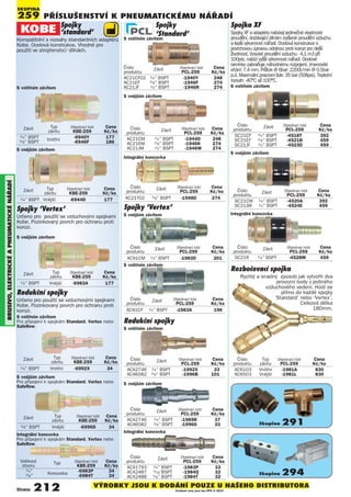 Číslo Závit Objednací kód Cena
produktu PCL-259 Kè/ks
AC21CF02 1/4” BSPT -1940Y 248
AC21EF 3/8” BSPT -1946F 274
AC21JF 1/2” BSPT -1946R 274
BRUSIVO,ELEKTRICKÉAPNEUMATICKÉNÁøADÍ
Spojky
‘Standard’
Redukční spojky
Číslo Závit Objednací kód Cena
produktu PCL-259 Kè/ks
ACA2746 1/4” BSPT -1992X 33
ACA6582 3/8” BSPT -1996B 101
Číslo Závit Objednací kód Cena
produktu PCL-259 Kè/ks
AC21CM 1/4” BSPT -1944D 248
AC21EM 3/8” BSPT -1946K 274
AC21JM 1/2” BSPT -1946W 274
Číslo Závit Objednací kód Cena
produktu PCL-259 Kè/ks
AC21T02 3/8” BSPT -1948D 274
Číslo Závit Objednací kód Cena
produktu PCL-259 Kè/ks
AC91CM 1/4” BSPT -1983D 201
S vnějším závitem
Integrální koncovka
S vnitřním závitem
Spojky ‘Vertex’
S vnějším závitem
Číslo Závit Objednací kód Cena
produktu PCL-259 Kè/ks
AC91CF 1/4” BSPT -1983A 196
S vnitřním závitem
PŘÍSLUŠENSTVÍ K PNEUMATICKÉMU NÁŘADÍ
Strana 212
Spojky
'standard'
Kompatibilní s rozsahy standardních adaptérů
Kobe. Ocelová konstrukce. Vhodné pro
použití ve strojírenství/ dílnách.
Spojky 'Vertex'
Určeno pro použití se vzduchovými spojkami
Kobe. Pozinkovaný povrch pro ochranu proti
korozi.
Redukční spojky
Určeno pro použití se vzduchovými spojkami
Kobe. Pozinkovaný povrch pro ochranu proti
korozi.
SKUPINA
259
Závit Typ Objednací kód Cena
závitu KBE-259 Kè/ks
1/4” BSPT -6940Y 177
3/8” BSPT
Vnitřní
-6946F 186
Velikost Typ Objednací kód Cena
otvoru KBE-259 Kè/ks
1/4”
Koncovka
-6983P 34
3/8” -6984T 34
Závit Typ Objednací kód Cena
závitu KBE-259 Kè/ks
1/4” BSPT Vnější -6944D 177
S vnějším závitem
Závit Typ Objednací kód Cena
závitu KBE-259 Kè/ks
1/4” BSPT Vnější -6983A 177
Závit Typ Objednací kód Cena
závitu KBE-259 Kè/ks
1/4” BSPT Vnitřní -6992X 34
Závit Typ Objednací kód Cena
závitu KBE-259 Kè/ks
3/8” BSPT Vnější -6996D 34
S vnějším závitem
S vnitřním závitem
Integrální koncovka
Pro připojení k spojkám Standard, Vertex nebo
Safeflow.
S vnitřním závitem
Pro připojení k spojkám Standard, Vertex nebo
Safeflow. S vnitřním závitem
Číslo Závit Objednací kód Cena
produktu PCL-259 Kè/ks
ACA2746 1/4” BSPT -1985R 37
ACA6582 3/8” BSPT -1996D 33
Integrální koncovka
Číslo Závit Objednací kód Cena
produktu PCL-259 Kè/ks
ACA1793 1/4” BSPT -1983P 33
ACA2487 5/16”BSPT -1984Q 32
ACA2488 3/8” BSPT -1984T 32
S vnějším závitem
S vnějším závitem
Pro připojení k spojkám Standard, Vertex nebo
Safeflow.
Spojka XF
Spojky XF a adaptéry nabízejí jedinečné vlastnosti
proudění, dodávající dílnám zvýšené proudění vzduchu
a lepší výkonnost nářadí. Ocelová konstrukce s
povrchovou úpravou odolnou proti korozi pro delší
životnost. Vysoké proudění vzduchu - 4,1 m3 při
100psi, nabízí vyšší výkonnost nářadí. Ocelové
ramínko zabraňuje náhodnému rozpojení. Jmenovité
vrtání: 7.4 mm. Průtok @ 6bar: 2200l/min @ 0.5bar
p.d. Maximální pracovní tlak: 35 bar (508psi). Teplotní
rozsah: -40°C až 100°C.
Číslo Závit Objednací kód Cena
produktu PCL-259 Kè/ks
SC21R 1/4” BSPT -4528M 459
S vnějším závitem
Číslo Závit Objednací kód Cena
produktu PCL-259 Kè/ks
SC21CM 1/4” BSPT -4520A 392
SC21JM 1/2” BSPT -4524E 459
Číslo Závit Objednací kód Cena
produktu PCL-259 Kè/ks
SC21CF 1/4” BSPT -4518T 392
SC21EF 3/8” BSPT -4521B 459
SC21JF 1/2” BSPT -4523D 459
S vnitřním závitem
Integrální koncovka
Rozbočovací spojka
Rychlý a snadný způsob jak vytvořit dva
provozní body z jediného
vzduchového vedení. Hodí se
přímo do každé spojky
‘Standard’ nebo ‘Vertex‘.
Celková délka
180mm.
Číslo Typ Objednací kód Cena
produktu závitu PCL-259 Kè/ks
AC6103 Vnitřní -1981A 830
AC6503 Vnější -1981L 830
Skupina 294
Skupina 291
VÝROBKY JSOU K DODÁNÍ POUZE U NAŠEHO DISTRIBUTORA
Uvedené ceny jsou bez DPH © 2014
 