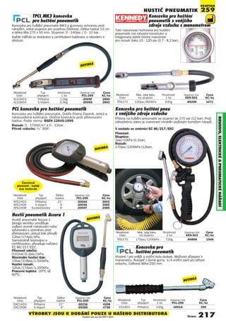 Strana 217
HUSTIč PNEUmATIK
BRUSIVO,ElEKTRIcKéAPNEUmATIcKéNÁøADÍ
Modelové Typ Hmotnost Objednací kód Cena
číslo připojení 1 ks PCL-259 Kč/ks
ALG3HO3 Přítlačný 1.0kg -2005F 2850
ALG3HO4 S klipem 0.9kg -2006G 2802
Modelové Typ Délka Objednací kód Cena
číslo připojení hadice PCL-259 Kč/ks
AFG1HO3 Přítlačný 21” -2004A 3003
AFG1HO6 S klipem 9’ -2004K 3585
AFG1HO8 Eurokoncovka 6’ -2004T 2489
Modelové Typ Délka Objednací kód Cena
číslo připojení hadice PCL-259 Kč/ks
DAC1AO3 Přítlačný 21” -3023A 4208
DAC1AO6 S klipem 9” -3026D 4756
Koncovka pro
huštění pneumatik
Vhodné i pro vnější a vnitřní kola doávek. Možnost připojení k
manometru. Rukojeť z černé gumy. 1/4 vnitřní závit pro přívod
vzduchu. Celková délka 250 mm
Modelové Typ Hmotnost Objednací kód Cena
číslo připojení 1 ks PCL-259 Kč/ks
C01A03 Přítlačný 100g -3001A 399
Modelové Max. údaj tlaku Hmotnost Objednací kód Cena
číslo na stupnici 1 ks KEN-503 Kč/ks
TPG170 170psi/1200kPa 720g -8480K 1548
Modelové Max. údaj tlaku Hmotnost Objednací kód Cena
číslo na stupnici 1 ks KEN-503 Kč/ks
TPG170 120psi/800kPa 635g -8520K 1071
Koncovka pro huštění pneu
z vnějšího zdroje vzduchu
Přístroj na huštění pneumatik se stupnicí do 170 psi (12 bar). Proti
náhodnému úderu je manometr chráněn pryžovým tlumičem nárazů.
V souladu se směrnicí EC 86/217/EEC.
Přesnost:
Stupnice:
2psi/10kPa (0.1bar).
Rozsah:
170psi/1200kPa (12bar).
SKUPINA
259
TPCL MK3 koncovka
pro huštění pneumatik
Koncovka pro huštění pneumatik MK3 s gumovou ochranou proti
nárazům, velká stupnice pro snadnou čitelnost. Délka hadice 53 cm
a délka těla 270 x 50 mm. Stupnice: 0 - 140psi / 0 - 10 bar.
Každé měřidlo je dodáváno s certifikátem kalibrace a návodem k
obsluze.
PCL koncovka pro huštění pneumatik
Koncovka pro huštění pneumatik. Dobře čitelný číselník, lehká a
nárazuodloná kostrukce. Otočná kostrukce proti překroucení
hadice. Podle normy: BSEN 12645:1999.
Rozsah: 0 - 170ibf/in2 a 0 - 12bar.
Přívod vzduchu: 1/4” BSP.
Zaručená
přesnost - každý
kus testován
Hustič pneumatik Accura 1
Hustič pneumatik Accura 1
Design ventilku umožňuje
zvýšení úrovně nafukování nebo
vyfukování s výstrahou proti
přetlakování, pokud tlak převýší
12bar/174psi/kPa.
Samostatně testováno a
certifikováno, převyšuje nařízení
EC 86/217/EEC.
Přesnost odečtu:
0.01bar/0.2psi/1kPa.
Maximální hustící tlak:
15bar/218psi/1,500kPa.
Hustící rozsah:
12bar/174psi/1,200kPa.
Pracovní teplota: -20°C až
60°C.
VÝROBKY JSOU K DODÁNÍ POUZE U NAŠEHO DISTRIBUTORA
Uvedené ceny jsou bez DPH © 2014
NOVINKA
NOVINKA
NOVINKA
NOVINKA
Koncovka pro huštění
pneumatik z vnějšího
zdroje vzduchu s manometrem
Tato nasunovací koncovka pro huštění
pneumatik má robustní konstrukci a
integrovaný dobře čitelný manometr
pro rozsah tlaků 10 - 120 psi (0.7 - 8.2 bar).
 