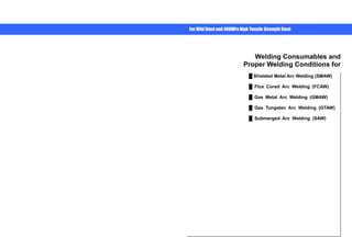 Use the bookmark or click 
the list marks below for details. 
For Mild Steel and 490MPa High Tensile Strength Steel 
Welding Consumables and 
Proper Welding Conditions for 
Ű Shielded Metal Arc Welding (SMAW) 
Ű Flux Cored Arc Welding (FCAW) 
Ű Gas Metal Arc Welding (GMAW) 
Ű Gas Tungsten Arc Welding (GTAW) 
Ű Submerged Arc Welding (SAW) 
 