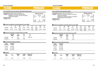 One-side TIG Welding One-side TIG Welding 
TG-X308L 
Flux cored filler rod for low carbon 18%Cr-8%Ni stainless steel 
Classification: ASME / AWS A5.22 R308LT1-5 
Features : ƒApplicable for 304 and 304L type steels 
ƒSuitable for root pass in one-side TIG welding 
without back shielding 
Shielding gas: Ar 
Polarity: DC-EN 
Ű Chemical composition of all-weld metal (%) as per AWS 
Welding positions: 
OH 
F 
H 
HF 
VD 
VU 
㩷 C Si Mn P S Ni Cr Mo 䌃䌵㩷 
Example 0.018 0.80 1.66 0.023 0.005 10.31 19.62 0.02 0.03 
Guaranty 㻡0.03㩷 㻡1.20 0.50~ 
2.50 㻡0.040㩷 㻡0.030 9.00~ 
11.00 
18.00~ 
21.00 㻡0.50 㻡0.50 
Ű Mechanical properties of all-weld metal as per AWS 
㩷 
㩷 
0.2%OS 
(MPa) 
TS 
(MPa) 
El 
(%) 
IV 
(J) 
Example 450 620 47 -196㷄: 60 
Guaranty - 㻢520㩷 㻢35㩷 - 
Ű Recommended welding parameters 
Plate 
thickness 
Welding 
current 
3~5mm 80~ 90A 
6~9mm 90~105A 
㻢10mm㩷 90~110A 
Ű Packages 
Dia. 
(mm) Type Weight 
(kg) 
Length 
(mm) 
Weight per 
piece (g) 
2.2 tube 5 1,000 25 
TG-X309L 
Flux cored filler rod for dissimilar metals 
Classification: ASME / AWS A5.22 R309LT1-5 
Features : ƒSuitable for root pass in one-side TIG welding 
without back shielding 
ƒApplicable for dissimilar-metal joint of austenitic 
stainless steels and ferritic steels 
Shielding gas: Ar 
Polarity: DC-EN 
Ű Chemical composition of all-weld metal (%) as per AWS 
Welding positions: 
OH 
F 
H 
HF 
VD 
VU 
㩷 C Si Mn P S Ni Cr Mo 䌃䌵㩷 
Example 0.017 0.81 1.52 0.022 0.006 12.62 24.26 0.02 0.03 
Guaranty 㻡0.03 㻡1.20 0.50~ 
2.50 㻡0.040 㻡0.030 12.00~ 
14.00 
22.00~ 
25.00 㻡0.50㩷 㻡0.50㩷 
Ű Mechanical properties of all-weld metal as per AWS 
㩷 
㩷 
0.2%OS 
(MPa) 
TS 
(MPa) 
El 
(%) 
Example 530 680 32 
Guaranty - 㻢520㩷 㻢30㩷 
Ű Recommended welding parameters 
Plate 
thickness 
Welding 
current 
3~5mm 80~ 90A 
6~9mm 90~105A 
㻢10mm㩷 90~110A 
Ű Packages 
Dia. 
(mm) Type Weight 
(kg) 
Length 
(mm) 
Weight per 
piece (g) 
2.2 tube 5 1,000 25 
250 251 
 
