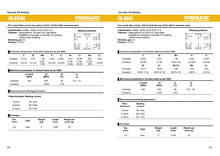 One-side TIG Welding One-side TIG Welding 
TG-X316L 
Flux cored filler rod for low carbon 18%Cr-12%Ni-2%Mo stainless steel 
Classification: ASME / AWS A5.22 R316LT1-5 
Features : ƒApplicable for 316 and 316L type steels 
ƒSuitable for root pass in one-side TIG welding 
without back shielding 
Shielding gas: Ar 
Polarity: DC-EN 
Ű Chemical composition of all-weld metal (%) as per AWS 
Welding positions: 
OH 
F 
H 
HF 
VD 
VU 
㩷 C Si Mn P S Ni Cr Mo 䌃䌵㩷 
Example 0.016 0.87 1.55 0.023 0.004 12.47 18.89 2.32 0.03 
Guaranty 㻡0.03㩷 㻡1.20 0.50~ 
2.50 㻡0.040㩷 㻡0.030 11.00~ 
14.00 
17.00~ 
20.00 
2.00~ 
3.00 㻡0.50 
Ű Mechanical properties of all-weld metal as per AWS 
㩷 
㩷 
0.2%OS 
(MPa) 
TS 
(MPa) 
El 
(%) 
IV 
(J) 
Example 440 600 38 0㷄: 110 
Guaranty - 㻢485㩷 㻢30㩷 - 
Ű Recommended welding parameters 
Plate thickness Welding current 
3~5mm 80~ 90A 
6~9mm 90~105A 
㻢10mm㩷 90~110A 
Ű Packages 
Dia. 
(mm) Type Weight 
(kg) 
Length 
(mm) 
Weight per 
piece (g) 
2.2 tube 5 1,000 25 
TG-X347 
Flux cored filler rod for 18%Cr-8%Ni-Nb and 18%Cr-8Ni-Ti stainless steel 
Classification: ASME / AWS A5.22 R347T1-5 
Features : ƒApplicable for 347 and 321 type steels 
ƒSuitable for root pass in one-side TIG welding 
without back shielding 
Shielding gas: Ar 
Polarity: DC-EN 
Ű Chemical composition of all-weld metal (%) as per AWS 
Welding positions: 
OH 
F 
H 
HF 
VD 
VU 
㩷 C Si Mn P S 
Example 0.020 0.80 1.60 0.021 0.004 
Guaranty 㻡0.08㩷 㻡1.20㩷 0.50~2.50 㻡0.040㩷 㻡0.030㩷 
Ni Cr Nb+Ta Mo 䌃䌵㩷 
Example 10.21 19.09 0.66 0.02 0.03 
Guaranty 9.00~11.00 18.00~21.00 8xC%~1.0 㻡0.50㩷 㻡0.50㩷 
Ű Mechanical properties of all-weld metal as per AWS 
㩷 
㩷 
0.2%OS 
(MPa) 
TS 
(MPa) 
El 
(%) 
IV 
(J) 
Example 460 630 48 0㷄: 130 
Guaranty - 㻢520㩷 㻢30㩷 - 
Ű Recommended welding parameters 
Plate 
thickness 
Welding 
current 
3~5mm 80~ 90A 
6~9mm 90~105A 
㻢10mm㩷 90~110A 
Ű Packages 
Dia. 
(mm) Type Weight 
(kg) 
Length 
(mm) 
Weight per 
piece (g) 
2.2 tube 5 1,000 25 
252 253 
 