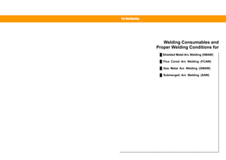 Welding Consumables and 
Proper Welding Conditions for 
Ű Shielded Metal Arc Welding (SMAW) 
Ű Flux Cored Arc Welding (FCAW) 
Ű Gas Metal Arc Welding (GMAW) 
Ű Submerged Arc Welding (SAW) 
For Hardfacing 
Use the bookmark or click 
the list marks below for details. 
 