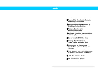 Ű Rules of Ship Classification Societies 
for Welding Consumables 
Ű Welding Consumables Approved by 
Ship Classification Societies 
Ű Redrying Conditions for 
Welding Consumables 
Ű A Guide to Estimating the Consumption 
of Welding Consumables 
Ű Conversions for SAW Flux Sizes 
Ű Package Specifications for 
FCAW, GMAW, and SAW Wires 
Ű Conversions for Temperature, 
Tensile Stress, Impact Energy and 
Hardness 
Ű F-No. Grouping and A-No. Classification 
of Welding Consumables per ASME IX 
Ű AWS Classification System 
Ű EN Classification System 
Appendix 
Use the bookmark or click 
the list marks below for details. 
 