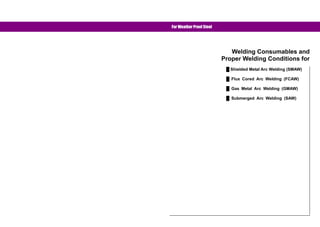 Welding Consumables and 
Proper Welding Conditions for 
Ű Shielded Metal Arc Welding (SMAW) 
Ű Flux Cored Arc Welding (FCAW) 
Ű Gas Metal Arc Welding (GMAW) 
Ű Submerged Arc Welding (SAW) 
For Weather Proof Steel 
Use the bookmark or click 
the list marks below for details. 
 