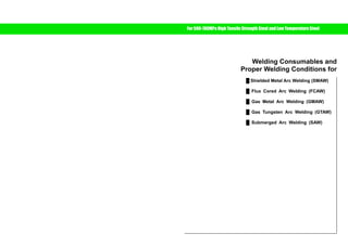 Use the bookmark or click 
the list marks below for details. 
For 590-780MPa High Tensile Strength Steel and Low Temperature Steel 
Welding Consumables and 
Proper Welding Conditions for 
Ű Shielded Metal Arc Welding (SMAW) 
Ű Flux Cored Arc Welding (FCAW) 
Ű Gas Metal Arc Welding (GMAW) 
Ű Gas Tungsten Arc Welding (GTAW) 
Ű Submerged Arc Welding (SAW) 
 