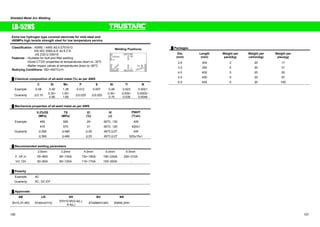 Shielded Metal Arc Welding 
LB-52NS 
Extra low hydrogen type covered electrode for mild steel and 
490MPa high tensile strength steel for low temperature service 
Classification : ASME / AWS A5.5 E7016-G 
EN ISO 2560-A-E 42 6 Z B 
JIS Z3212 D5016 
Features : ƒSuitable for butt and fillet welding 
ƒGood CTOD properties at temperatures down to -30㷄 
ƒBetter impact values at temperatures down to -60㷄 
Redrying Conditions: 350~400㷄x1h 
Ű Chemical composition of all-weld metal (%) as per AWS 
Welding Positions: 
OH 
F 
H 
HF 
VU 
㩷 C Si Mn P S Ni Ti B 
Example 0.08 0.40 1.38 0.012 0.007 0.48 0.023 0.0021 
Guaranty 㻡0.10㩷 0.30~ 
0.90 
1.00~ 
1.60 㻡0.020㩷 㻡0.020 0.30~ 
0.70 
0.005~ 
0.035 
0.0005~ 
0.0045 
Ű Mechanical properties of all-weld metal as per AWS 
㩷 
㩷 
0.2%OS 
(MPa) 
TS 
(MPa) 
El 
(%) 
IV 
(J) 
PWHT 
(㷄xh) 
Example 490 580 29 -60㷄: 130 AW 
㩷 470 570 31 -60㷄: 120 620x1 
Guaranty 㻢390㩷 㻢480㩷 㻢25㩷 -60㷄㻢27 AW 
㩷 㻢390㩷 㻢480㩷 㻢25㩷 -60㷄㻢27 620±15x1 
Ű Recommended welding parameters 
㩷 2.6mm 3.2mm 4.0mm 5.0mm 6.0mm 
F, HF,H 55~85A 90~130䌁 130~180A 180~240A 250~310A 
VU, OH 50~80A 80~120䌁 110~170A 150~200A - 
Ű Polarity 
Example AC 㩷 
Guaranty AC, DC-EP 㩷 
Ű Approvals 
AB LR NV BV NK 
3H10,3Y,MG 5Y40m(H15) 5YH10,NV2-4(L), 
4-4(L) 4Y40MHH,MG KMWL3HH 
Ű Packages 
Dia. 
(mm) 
Length 
(mm) 
Weight per 
pack(kg) 
Weight per 
carton(kg) 
Weight per 
piece(g) 
2.6 300 2 20 17 
3.2 350 5 20 31 
4.0 400 5 20 55 
5.0 450 5 20 97 
6.0 450 5 20 140 
106 107 
 
