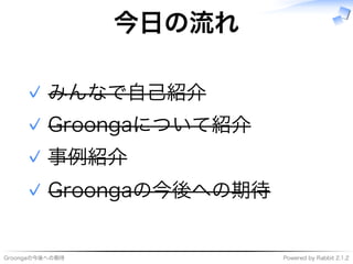 Groongaの今後への期待 Powered�by�Rabbit�2.1.2
今⽇の流れ
みんなで自⼰紹介✓
Groongaについて紹介✓
事例紹介✓
Groongaの今後への期待✓
 