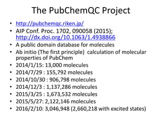 The PubChemQC Project
• http://pubchemqc.riken.jp/
• AIP Conf. Proc. 1702, 090058 (2015);
http://dx.doi.org/10.1063/1.4938866
• A public domain database for molecules
• Ab initio (The first principle) calculation of molecular
properties of PubChem
• 2014/1/15: 13,000 molecules
• 2014/7/29 : 155,792 molecules
• 2014/10/30 : 906,798 molecules
• 2014/12/3 : 1,137,286 molecules
• 2015/3/25 : 1,673,532 molecules
• 2015/5/27: 2,122,146 molecules
• 2016/2/10: 3,046,948 (2,660,218 with excited states)
 