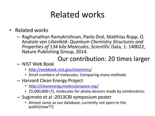 Related works
• Related works
– Raghunathan Ramakrishnan, Pavlo Dral, Matthias Rupp, O.
Anatole von Lilienfeld: Quantum Chemistry Structures and
Properties of 134 kilo Molecules, Scientific Data, 1: 140022,
Nature Publishing Group, 2014.
– NIST Web Book
• http://webbook.nist.gov/chemistry/
• Small numbers of molecules. Comparing many methods
– Harvard Clean Energy Project
• http://cleanenergy.molecularspace.org/
• 25,000,000 (?), molecules for photo devices made by combinatrics
– Sugimoto et al :2013CBI symposium poster
• Almost same as our database, currently not open to the
public(now??)
Our contribution: 20 times larger
 