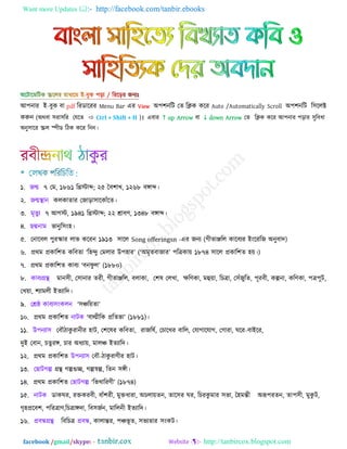 Want more Updates  http://facebook.com/tanbir.ebooks
facebook /gmail/skype: - http://tanbircox.blogspot.com
িঅ঩নায িআ−ফুক ফা pdf রযডারযয Menu Bar এয View ি঄঩঱নরি তত রিক করয Auto /Automatically Scroll ি঄঩঱নরি র঳ররক্ট
করুন (ি঄থফা ঳যা঳রয তমরত  Ctrl + Shift + H )। এফায ↑ up Arrow ফা ↓ down Arrow তত রিক করয িঅ঩নায ঩ড়ায ঳ুরফধা
ি঄নু঳ারয স্ক্রর স্পীড রিক করয রনন।
১. জন্ম ৭ তভ, ১৮৬১ রিস্টাব্দ; ২৫ বফ঱াখ, ১২৬৮ ফঙ্গাব্দ।
২. জন্মস্থান করকাতায তজাড়া঳ারকাোঁরত।
৩. ভৃতুু ৭ িঅগস্ট, ১৯৪১ রিস্টাব্দ; ২২ শ্রাফণ, ১৩৪৮ ফঙ্গাব্দ।
৪. ছদ্মনাভ বানুর঳িং঴।
৫. তনারফর ঩ুযস্কায রাব করযন ১৯১৩ ঳ারর Song offeringsn -এয জনু (গীতাঞ্জরর কারফুয িআিংরযরজ ি঄নুফাদ)
৬. প্রথভ প্রকার঱ত করফতা ‘র঴ন্দু তভরায উ঩঴ায’ (‘ি঄ভৃতফাজায’ ঩রিকা৞ ১৮৭৪ ঳ারর প্রকার঱ত ঴৞।)
৭. প্রথভ প্রকার঱ত কাফু ‘ফনপু র’ (১৮৮০)
৮. কাফুগ্রন্থ ভান঳ী, ত঳ানায তযী, গীতাঞ্জরর, ফরাকা, ত঱ল তরখা, ক্ষরণকা, ভহু৞া, রচিা, ত঳োঁজুরত, ঩ূযফী, কল্পনা, করণকা, ঩ি঩ূি,
তখ৞া, ঱ুাভরী িআতুারদ।
৯. তশ্রষ্ঠ কাফু঳িংকরন ‘঳ঞ্চর৞তা’
১০. প্রথভ প্রকার঱ত নািক ‘ফাল্মীরক প্ররতবা’ (১৮৮১)।
১১. উ঩নুা঳ তফৌিাকু যানীয ঴াি, ত঱রলয করফতা, যাজরলি, তচারখয ফারর, তমাগারমাগ, তগাযা, ঘরয-ফািআরয,
দুিআ তফান, চতুযঙ্গ, চায ি঄ধুা৞, ভারঞ্চ িআতুারদ।
১২. প্রথভ প্রকার঱ত উ঩নুা঳ তফৌ-িাকু যাণীয ঴াি।
১৩. তছািগল্প গ্রন্থ গল্পগুচ্ছ, গল্পস্বল্প, রতন ঳ঙ্গী।
১৪. প্রথভ প্রকার঱ত তছািগল্প ‘রবখারযণী’ (১৮৭৪)
১৫. নািক ডাকঘয, যক্তকযফী, ফাোঁ঱যী, ভুক্তধাযা, ি঄চরা৞তন, তার঳য ঘয, রচযকু ভায ঳বা, ব঴ভন্তী ি঄রূ঩যতন, তা঩঳ী, ভুকু ি,
গৃ঴প্ররফ঱, ঩রযিাণ,রচিাঙ্গদা, রফ঳জিন, ভাররনী িআতুারদ।
১৬. প্রফন্ধগ্রন্থ রফরচি প্রফন্ধ, কারান্তয, ঩ঞ্চবূ ত, ঳বুতায ঳িংকি।
 