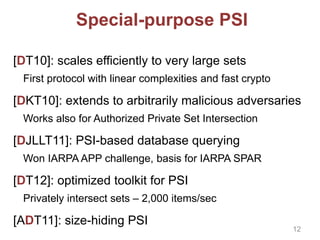 Special-purpose PSI
[DT10]: scales efficiently to very large sets
First protocol with linear complexities and fast crypto
[DKT10]: extends to arbitrarily malicious adversaries
Works also for Authorized Private Set Intersection
[DJLLT11]: PSI-based database querying
Won IARPA APP challenge, basis for IARPA SPAR
[DT12]: optimized toolkit for PSI
Privately intersect sets – 2,000 items/sec
[ADT11]: size-hiding PSI
12
 
