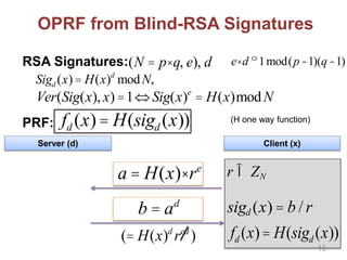 OPRF from Blind-RSA Signatures
RSA Signatures:
PRF: fd (x)= H(sigd (x))
e×d º1mod(p-1)(q-1)(N = p×q, e), d
Sigd (x)= H(x)d
modN,
Ver(Sig(x), x)=1ÛSig(x)e
= H(x)modN
Server (d) Client (x)
(H one way function)
a = H(x)×re r Î ZN
(= H(x)d
red
)
sigd (x) = b /rb = ad
fd (x)= H(sigd (x))
15
 