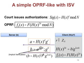 A simple OPRF-like with ISV
Court issues authorizations:
OPRF: fk (x)= F(H(x)2k
modN)
Sig(x)= H(x)d
modN
Server (k) Client (H(x)d)
a = H(x)d
gr r Î ZN
(b = H(x)2edk
g2rek
)
H(x)2k
= b/g2erk
b = a2×e×k
;gk
fk (x)= F(H(x)2k
)(Implicit Verification)
18
 