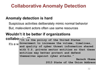 Collaborative Anomaly Detection
Anomaly detection is hard
Suspicious activities deliberately mimic normal behavior
But, malevolent actors often use same resources
Wouldn’t it be better if organizations
collaborated?
It’s a win-win, no?
“It is the policy of the United States
Government to increase the volume, timelines,
and quality of cyber threat information shared
with U.S. private sector entities so that these
entities may better protect and defend
themselves against cyber attacks.”
Barack Obama
2013 State of the Union Address
32
 