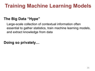 Training Machine Learning Models
The Big Data “Hype”
Large-scale collection of contextual information often
essential to gather statistics, train machine learning models,
and extract knowledge from data
Doing so privately…
35
 