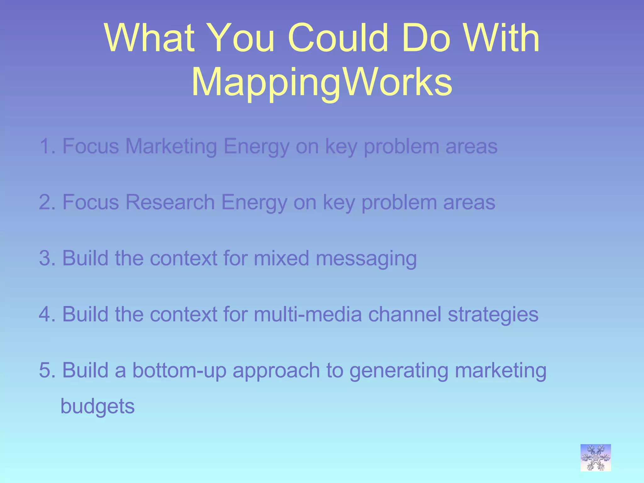 What  Y ou  C ould  D o  W ith MappingWorks 1. Focus Marketing Energy on key problem areas 2. Focus Research Energy on key problem areas 3. Build the context for mixed messaging 4. Build the context for multi-media channel strategies 5. Build a bottom-up approach to generating marketing budgets 