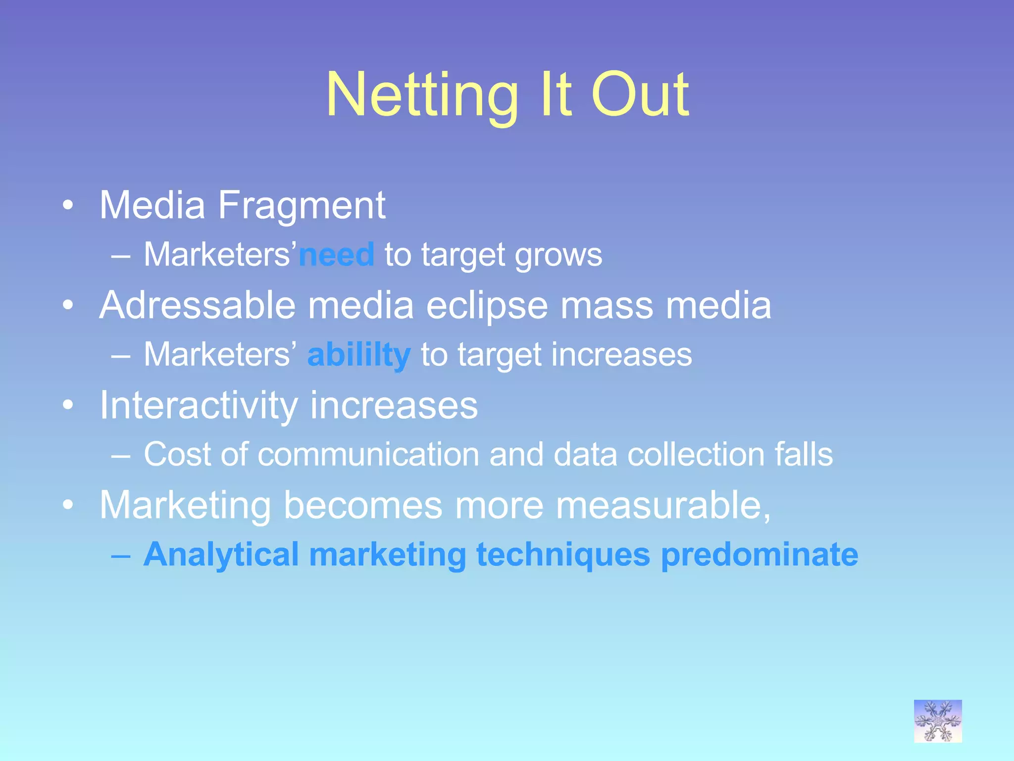 Netting It Out Media Fragment Marketers’ need  to target grows Adressable media eclipse mass media Marketers’  abililty  to target increases Interactivity increases Cost of communication and data collection falls Marketing becomes more measurable, Analytical marketing techniques predominate 