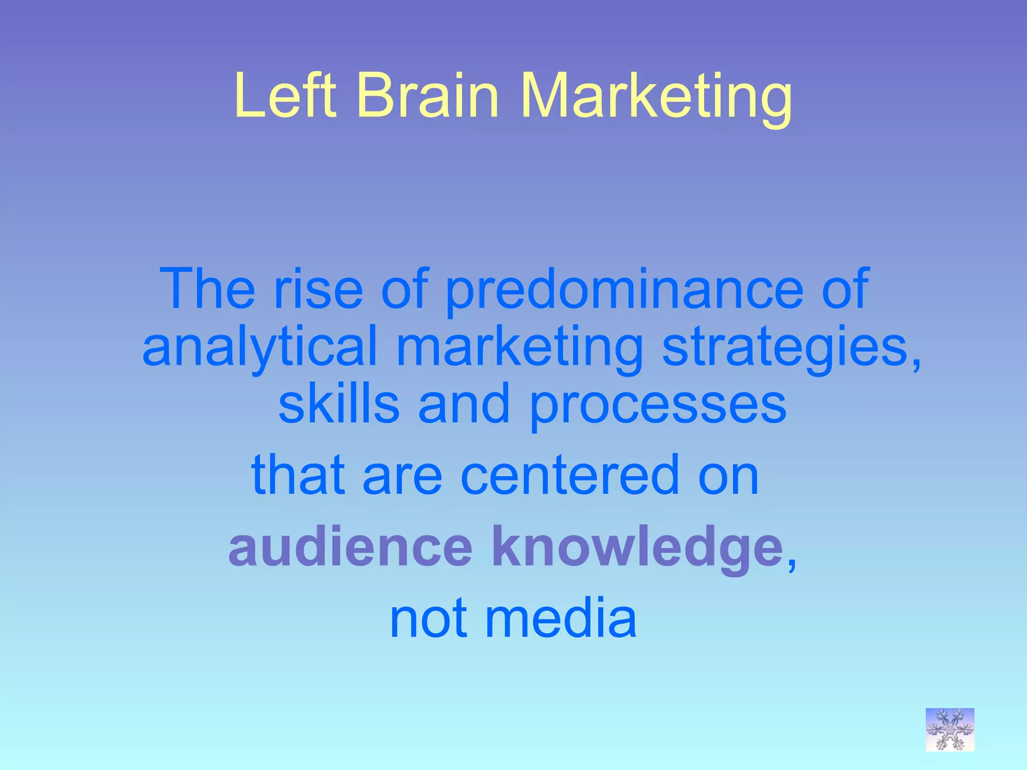 Left Brain Marketing The rise of predominance of analytical marketing strategies, skills and processes that are centered on  audience knowledge , not media 