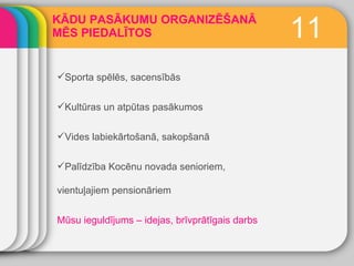 KĀDU PASĀKUMU ORGANIZĒŠANĀ MĒS PIEDALĪTOS 11 Sporta spēlēs, sacensībās Kultūras un atpūtas pasākumos Vides labiekārtošanā, sakopšanā Palīdzība Kocēnu novada senioriem, vientuļajiem pensionāriem Mūsu ieguldījums – idejas, brīvprātīgais darbs 