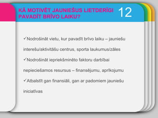 12 KĀ MOTIVĒT JAUNIEŠUS LIETDERĪGI PAVADĪT BRĪVO LAIKU?  Nodrošināt vietu, kur pavadīt brīvo laiku – jauniešu interešu/aktivitāšu centrus, sporta laukumus/zāles Nodrošināt iepriekšminēto faktoru darbībai nepieciešamos resursus – finansējumu, aprīkojumu Atbalstīt gan finansiāli, gan ar padomiem jauniešu iniciatīvas 