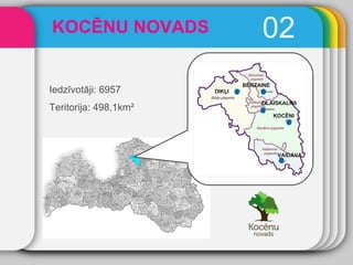02 KOCĒNU NOVADS KOCĒNI ZILAISKALNS VAIDAVA BĒRZAINE DIKĻI Iedzīvotāji: 6957 Teritorija: 498,1km² 