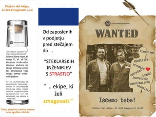 38
“STEKLARSKIH
INŽENIRJEV
S STRASTJO”
Od zaposlenih
v podjetju
pred stečajem
do …
“ … ekipe, ki
želi
zmagovati!”
 