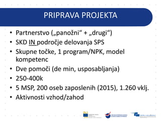 PRIPRAVA PROJEKTA
• Partnerstvo („panožni“ + „drugi“)
• SKD IN področje delovanja SPS
• Skupne točke, 1 program/NPK, model
kompetenc
• Dve pomoči (de min, usposabljanja)
• 250-400k
• 5 MSP, 200 oseb zaposlenih (2015), 1.260 vklj.
• Aktivnosti vzhod/zahod
7
 