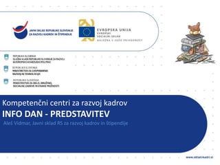 Kompetenčni centri za razvoj kadrov
INFO DAN - PREDSTAVITEV
Aleš Vidmar, Javni sklad RS za razvoj kadrov in štipendije
 