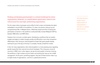 Finding and keeping good people is a central challenge for every
organization. However, in a world where speed wins, talent is the
critical asset for any high-performing organization.
For this reason alone, businesses cannot afford to fail to retain and develop the talent
embedded in around 45% of its workforce. If it does, recruitment costs go up and
competitiveness falls. In Malaysia alone, a McKinsey study found that increasing the
participation of women in the workforce could potentially increase Malaysia’s GDP by
between RM6 billion and RM9 billion.
However, this is not just a numbers game. Developing a workforce that can predict,
analyse and adapt to market changes quickly and efficiently is now a key competitive
differentiator. And, having an internal pipeline of talent (the great people already
working for you) is the key to thriving in a complex, fiercely competitive market.
In fact, for many organizations, their internal pipeline is a more pressing issue regarding
gender equity than their external recruitment strategies. This is because, across all
countries in APAC and in other regions, we see the same pattern of women entering
the workforce in high numbers at junior levels, and working their way up into middle
management. At this point, something happens. Very few of these women make it up
to higher levels of organizations – and this is a global phenomenon.
/14Women are needed to retain knowledge and prosper
Very few women
make it up to
higher levels of
organizations —
and this is a global
phenomenon.
 