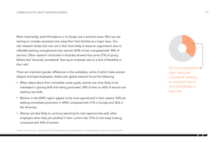 More importantly, work–life balance is no longer just a women’s issue. Men too are
starting to consider excessive time away from their families as a major issue. Our
own research shows that men are in fact more likely to leave an organization due to
inflexible working arrangements than women (45% of men compared with 39% of
women). Other research conducted in Australia showed that some 37% of young
fathers had ‘’seriously considered’’ leaving an employer due to a lack of flexibility in
their role1
.
There are important gender differences in the workplace, some of which make women
diligent and loyal employees. Kelly’s own global research found the following:
•	 When asked about their immediate career goals, women are more likely to be
interested in gaining skills than being promoted: 59% of men vs. 65% of women are
seeking new skills.
•	 Women in the APAC region appear to be more aspirational in their careers: 42% are
seeking immediate promotion in APAC compared with 31% in Europe and 36% in
the Americas.
•	 Women are less likely to continue searching for new opportunities with other
employers when they are satisfied in their current role: 51% of men keep looking
compared with 43% of women.
/20Common myths about working women
37% of young fathers
have “seriously
considered” leaving
an employer due to
lack of flexibility in
their role.
1 Russell, G. and O’Leary, J. (2012) Men Get Flexible: Mainstreaming Flexible Work in Australian Business, Diversity Council of Australia
 