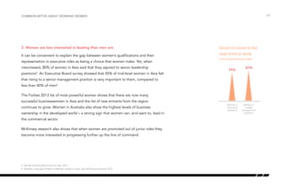 3. Women are less interested in leading than men are.
It can be convenient to explain the gap between women’s qualifications and their
representation in executive roles as being a choice that women make. Yet, when
interviewed, 80% of women in Asia said that they aspired to senior leadership
positions5
. An Executive Board survey showed that 45% of mid-level women in Asia felt
that rising to a senior management position is very important to them, compared to
less than 40% of men6
.
The Forbes 2013 list of most powerful women shows that there are now many
successful businesswomen in Asia and the list of new entrants from the region
continues to grow. Women in Australia also show the highest levels of business
ownership in the developed world – a strong sign that women can, and want to, lead in
the commercial sector.
McKinsey research also shows that when women are promoted out of junior roles they
become more interested in progressing further up the line of command.
/23Common myths about working women
Desire to move to the
next level at work
% who agree/strongly agree
79%
83%
Women in
entry-level
positions
Women in
middle
management
positions
5 Gender Diversity Benchmark for Asia, 2011
6 Building a Stronger Pipeline of Women Leaders in Asia, Asia HR Executive Board, 2012
 