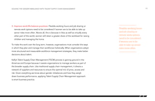 3.	Improve work-life balance practices: Flexible working hours and job sharing or
remote work options need to be considered if women are to be able to take up
senior roles more often. Above all, this is because in Asia as well as virtually every
other part of the world, women still retain a greater share of the workload for raising
children and managing the home.
To make this work over the long term, however, organizations must consider the ways
in which they plan and manage their workforces holistically. When organizations adopt
more structured and measurable workforce management strategies, they make better
decisions about talent.
Kelly’s Talent Supply Chain Management (TSCM) process is gaining ground in the
Americas and Europe because it assists organizations to manage workers as part of
the broader supply chain. Like traditional supply chain management, it directs a
network of suppliers and resources to ensure the optimal mix of price, access and
risk. Given everything we know about gender imbalances and how they weigh
down business performance, applying Talent Supply Chain Management approach
is smart business practice.
/30
Flexible working hours
and job sharing or
remote work options
need to be considered
if women are to be
able to take up senior
roles more often.
Solving the gender imbalance with Talent Supply Chain Management
 