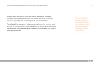 Complex global organizations would never forecast raw materials, pricing and
inventory using only a short-term outlook, and similarly they should not accept a
short-term approach to their most strategic asset: mission critical talent.
Talent Supply Chain Management helps organizations forecast their workforce needs
and plan for adverse conditions or events ahead of time. When organizations manage
their workforces more holistically, gender imbalances that raise risk and limit access to
talent are circumvented.
/31
Talent Supply Chain
Management helps
organizations forecast
their workforce needs
and plan for adverse
conditions or events
ahead of time.
Solving the gender imbalance with Talent Supply Chain Management
 