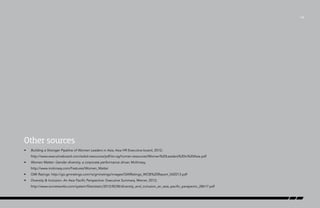 Other sources
/34
•	 Building a Stronger Pipeline of Women Leaders in Asia, Asia HR Executive board, 2012;
http://www.executiveboard.com/exbd-resources/pdf/en-sg/human-resources/Women%20Leaders%20in%20Asia.pdf
•	 Women Matter: Gender diversity, a corporate performance driver, McKinsey,
http://www.mckinsey.com/Features/Women_Matter
•	 GMI Ratings: http://go.gmiratings.com/rs/gmiratings/images/GMIRatings_WOB%20Report_042013.pdf
•	 Diversity & Inclusion: An Asia Pacific Perspective: Executive Summary, Mercer, 2012;
http://www.orcnetworks.com/system/files/static/2012/8238/diversity_and_inclusion_an_asia_pacific_perspectiv_28617.pdf
 