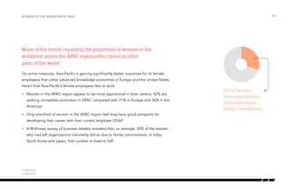 Many of the trends regarding the proportion of women in the
workforce across the APAC region reflect those in other
parts of the world.
On some measures, Asia-Pacific is gaining significantly better outcomes for its female
employees than other advanced knowledge economies in Europe and the United States.
Here’s how Asia-Pacific’s female employees fare at work:
•	 Women in the APAC region appear to be more aspirational in their careers: 42% are
seeking immediate promotion in APAC compared with 31% in Europe and 36% in the
Americas1
.
•	 Only one-third of women in the APAC region feel they have good prospects for
developing their career with their current employer (35%)2
.
•	 A McKinsey survey of business leaders revealed that, on average, 30% of the women
who had left organizations voluntarily did so due to family commitments. In India,
South Korea and Japan, that number is close to half.
/06Women in the Workforce: APAC
30% of women
leave organizations
voluntarily due to
family commitments.
1 KGWI 2013
2 KGWI 2013
 