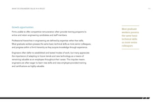 WHAT DO ENGINEERS VALUE IN A ROLE? /12
Most graduate
workers possess
the same basic
technical skills
as more senior
colleagues
Growth opportunities
Firms unable to offer competitive remuneration often provide training programs to
entice and retain engineering candidates and staff members.
Professional hierarchies in engineering are defined by expertise rather than skills.
Most graduate workers possess the same basic technical skills as more senior colleagues,
and progress within a firm’s hierarchy as they acquire knowledge through experience.
Engineers often defer to established and tested modes of work, but many appreciate
the importance of adapting to future trends and new technology as a means of
remaining valuable as an employee throughout their career. This impulse means
engineers are often eager to learn new skills and view employer-provided training
and certifications as highly valuable.
 
