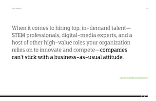 When it comes to hiring top, in-demand talent—
STEM professionals, digital-media experts, and a
host of other high-value roles your organization
relies on to innovate and compete—companies
can’t stick with a business-as-usual attitude.
top talent
And of course we know why
/03
 