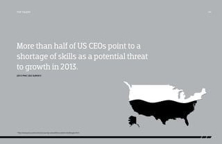 More than half of US CEOs point to a
shortage of skills as a potential threat
to growth in 2013.
(2013 PwC CEO Survey)1
top talent /04
1
http://www.pwc.com/us/en/ceo-survey-us/workforce-talent-challenges.html
 