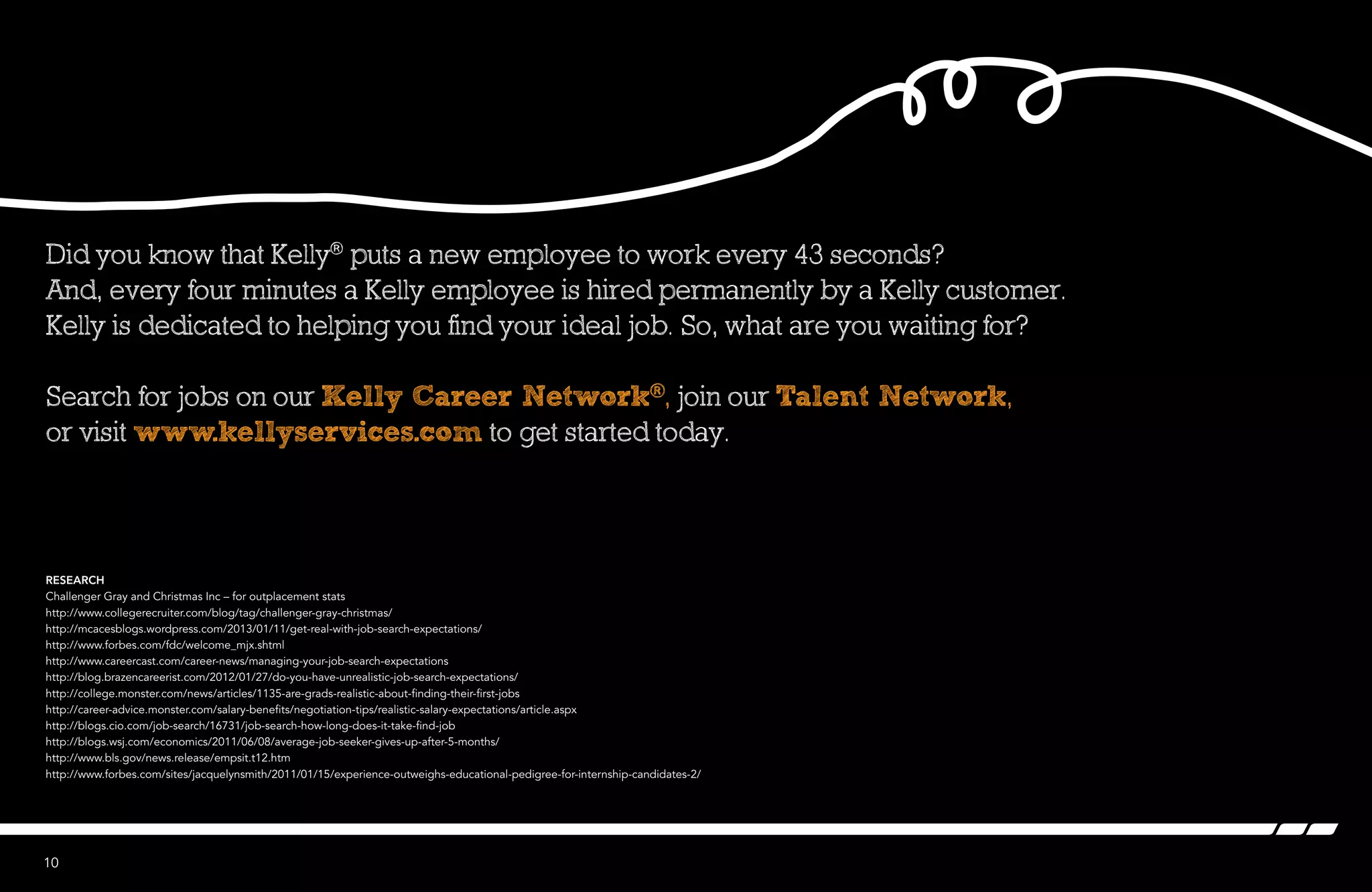 Did you know that Kelly®
puts a new employee to work every 43 seconds?
And, every four minutes a Kelly employee is hired permanently by a Kelly customer.
Kelly is dedicated to helping you find your ideal job. So, what are you waiting for?
Search for jobs on our Kelly Career Network®, join our Talent Network,
or visit www.kellyservices.com to get started today.
Research
Challenger Gray and Christmas Inc – for outplacement stats
http://www.collegerecruiter.com/blog/tag/challenger-gray-christmas/
http://mcacesblogs.wordpress.com/2013/01/11/get-real-with-job-search-expectations/
http://www.forbes.com/fdc/welcome_mjx.shtml
http://www.careercast.com/career-news/managing-your-job-search-expectations
http://blog.brazencareerist.com/2012/01/27/do-you-have-unrealistic-job-search-expectations/
http://college.monster.com/news/articles/1135-are-grads-realistic-about-finding-their-first-jobs
http://career-advice.monster.com/salary-benefits/negotiation-tips/realistic-salary-expectations/article.aspx
http://blogs.cio.com/job-search/16731/job-search-how-long-does-it-take-find-job
http://blogs.wsj.com/economics/2011/06/08/average-job-seeker-gives-up-after-5-months/
http://www.bls.gov/news.release/empsit.t12.htm
http://www.forbes.com/sites/jacquelynsmith/2011/01/15/experience-outweighs-educational-pedigree-for-internship-candidates-2/
10
 