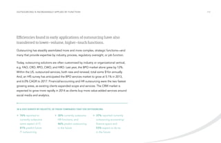 OUTSOURCING IS INCREASINGLY applied by function

/12

Efficiencies found in early applications of outsourcing have also
transferred to lower-volume, higher-touch functions.
Outsourcing has steadily assimilated more and more complex, strategic functions—and
many that provide expertise by industry, process, regulatory oversight, or job function.
Today, outsourcing solutions are often customized by industry or organizational vertical,
e.g. FAO, CRO, RPO, CWO, and HRO. Last year, the BPO market alone grew by 12%.
Within the US, outsourced services, both new and renewal, total some $1bn annually.
And, an HfS survey has anticipated the BPO services market to grow at 5.1% in 2013,
and 6.0% CAGR to 2017. Financial/accounting and HR outsourcing were the two fastest
growing areas, as existing clients expanded scope and services. The CRM market is
expected to grow more rapidly in 2014 as clients buy more value-added services around
social media and analytics.

In a 2012 survey by Deloitte, of those companies that use outsourcing:

•	 76% reported to

•	 30% currently outsource

•	 37% reported currently

currently outsource

HR functions, and

outsourcing accounting/

some aspect of IT;

46% predict outsourcing

finance space and

81% predict future

in the future.

53% expect to do so

IT outsourcing.

in the future.

 