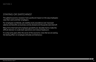 19Kelly Global Workforce Index™
The global economic recession had a profound impact on the way employees
view their work and their employers.
For employees worldwide, job stability took precedence over improved
salaries and benefits as business activity slowed and thousands were laid off.
Many firms that had built employee goodwill over decades had to make the
difficult decision to scale back operations and reduce headcount.
It is only some years after the worst of this economic crisis that we are seeing
the lasting effect on employee attitudes and behaviour.
staying or switching?
section 3
 