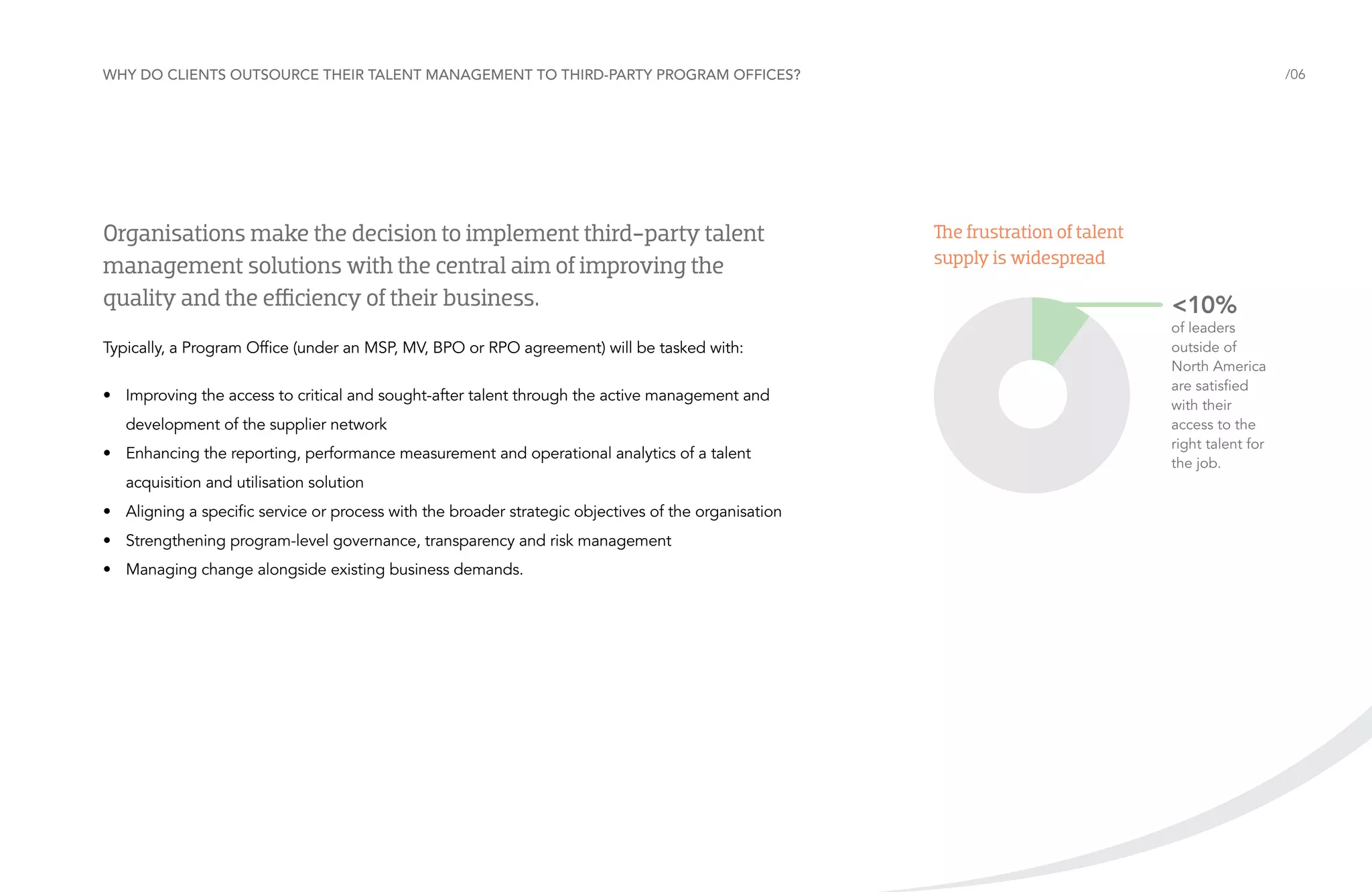 Why do clients outsource their talent management to third-party Program Offices?

Organisations make the decision to implement third-party talent
management solutions with the central aim of improving the
quality and the efficiency of their business.
Typically, a Program Office (under an MSP, MV, BPO or RPO agreement) will be tasked with:
•	 Improving the access to critical and sought-after talent through the active management and
development of the supplier network
•	 Enhancing the reporting, performance measurement and operational analytics of a talent
acquisition and utilisation solution
•	 Aligning a specific service or process with the broader strategic objectives of the organisation
•	 Strengthening program-level governance, transparency and risk management
•	 Managing change alongside existing business demands.

/06

The frustration of talent
supply is widespread

<10%

of leaders
outside of
North America
are satisfied
with their
access to the
right talent for
the job.

 