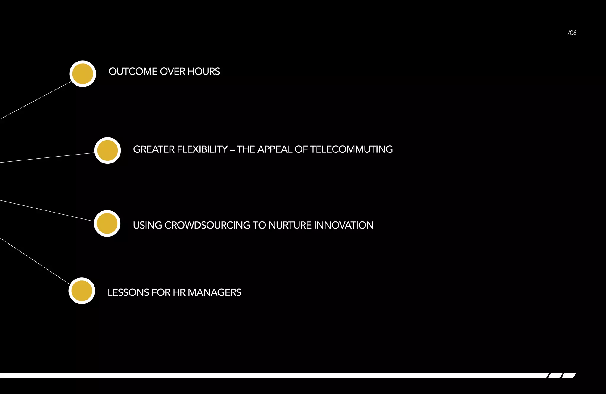 /06

Outcome over hours

Greater flexibility – the appeal of telecommuting

Using crowdsourcing to nurture innovation

Lessons for HR managers

 