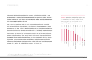 Pay equity by profession

outcome over hours

/19

The common perception of fair pay and high incidence of performance incentives in these
skill sets suggests a correlation: employees who are given the opportunity to work harder for

Figure 7: Perception of pay equity by skill set

monetary incentives are more likely to be content with their salaries, and may subsequently be

To what degree do you agree or disagree that the

more productive and happier in their jobs.

pay/compensation you receive for your work is
equitable? (% Agree by Industry)
43%

43%

43%

42%

41%

41%

38%

37%

35%

33%

31%

Math

Sales

Engineering

Finance/Accounting

Marketing

Security Clearance

Law

Science

Health Care

Education

more discretionary effort. There are plenty of low-performing companies that have a happy

IT

Keep in mind that “happiness” does not equal commitment or a willingness to put forth
workplace, and vice versa. Finding a performance-based pay and incentive formula that builds
emotional commitment and facilitates discretionary effort is a worthy goal for any organization.
This correlation also reinforces the concept that performance pay can help retain employees
and drive higher engagement levels. Recent research conducted by Dale Carnegie Training
shows that 69 percent of disengaged employees are willing to leave their job for a 5 percent
pay increase.7 Performance pay helps to defuse this issue: offering monetary performance
incentives not only helps keep employees focused on their work, it also gives them the power
to realize that 5 percent pay increase without having to find another job.

	 Dale Carnegie Training, ‘Building a Culture of Engagement: The Importance of Senior Leadership’, 2012, www.dalecarnegie.com/
assets/1/7/Building_a_Culture-_The_Importance_of_Senior_Leadership.pdf.

7

 