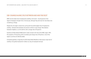 why workers are leaving…and what you can do about it

Job-change in APAC split between ANZ and the rest
APAC has the lowest rate of employment volatility in the world – only 42 percent of the
region’s employees changed roles in the last year, although they were also the most likely to be
considering a change.
Despite this, the region contains the country with the world’s highest rate of employment
volatility – Australia demonstrated a 62 percent incidence of job change. New Zealand,
Australia’s neighbour, is not far behind, with a change rate of 55 percent.
Australia and New Zealand (ANZ) stand in stark contrast to the rest of the APAC region. With
the exception of Hong Kong, which recorded a job-change rate of 45 percent, most of the
region’s countries are relatively stable.
Considered globally or regionally, the 2013 Kelly Global Workforce Index shows a high level of
volatility in the global employment market. So, why are employees leaving?

/13

 