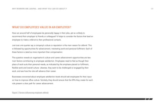 why workers are leaving…and what you can do about it

What do employees value in an employer?
How can around half of employees be personally happy in their jobs, yet so unlikely to
recommend their employer to friends or colleagues? It helps to consider the factors that lead an
employee to make a referral to their professional contacts.
Just over one quarter say a company’s culture or reputation is the main reason for referral. This
is followed by opportunities for advancement, interesting work and personal fulfilment. Each of
these factors is rated as more important than compensation.
This question reveals an organisation’s culture and career advancement opportunities are two
main factors contributing to employee satisfaction. Employees need to feel as though their
place of work suits their personal needs, as indicated by the emphasis placed on fulfilment,
flexible work and overall culture. Likewise, they want to be challenged or engaged by their
work, and see how the role will advance their career.
Businesses concerned about employee satisfaction levels should ask employees for their input
on how to improve office culture. Similarly, they should ensure that the KPIs they create for each
role present a clear path for career advancement.

Figure 7: Factors influencing employer referral

/20

 